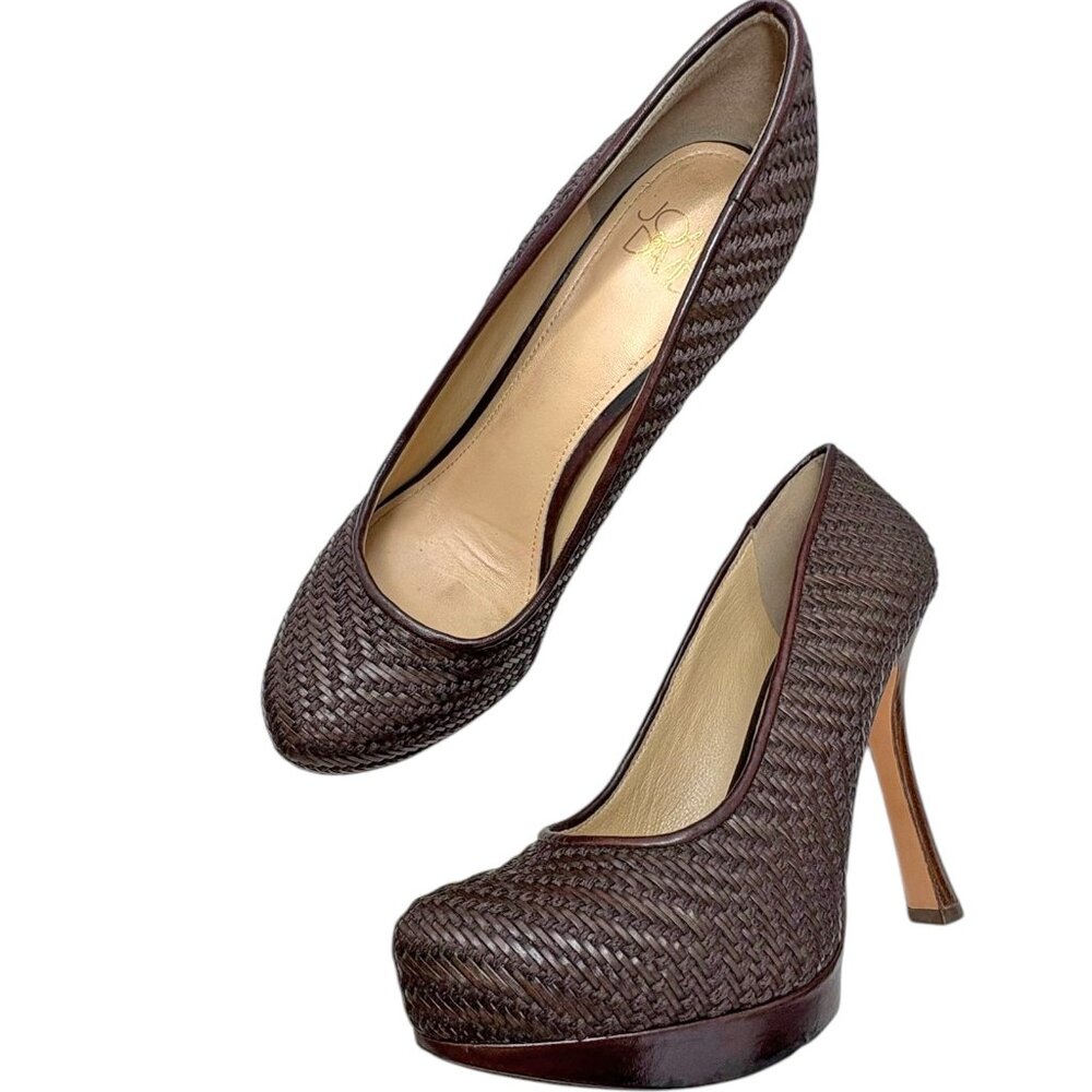 Joan and David Brown Woven Leather Platform Almond Toe Pumps